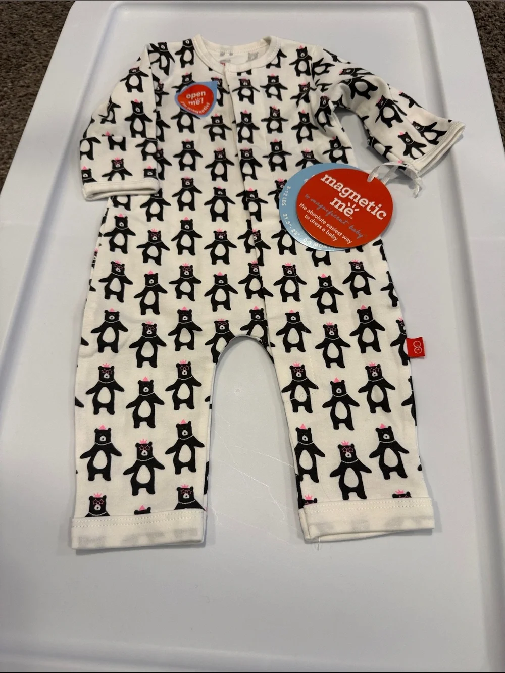 Magnetic Me White One-Piece with Black Bear Print and Pink Accents
